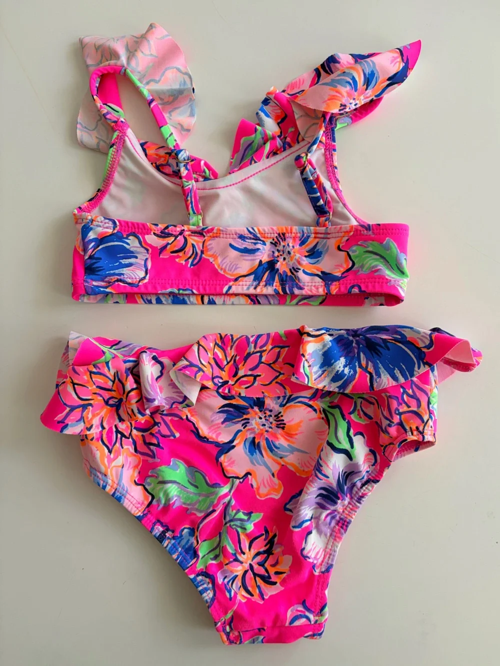 Lilly Pulitzer Neon Pink Floral Ruffle Bikini in Pink Isle Last Bud Not Least